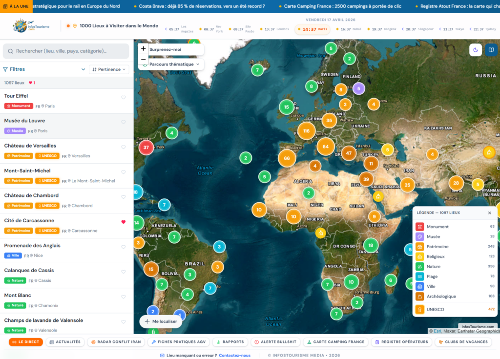 <p>➡️ Explore our interactive map <a href="https://lieux-a-visiter.infostourisme.com" target="_blank"><strong>of 1000 places to visit around the world</strong></a> and find in seconds the must-see sites to offer your clients, classified by category and destination.</p>