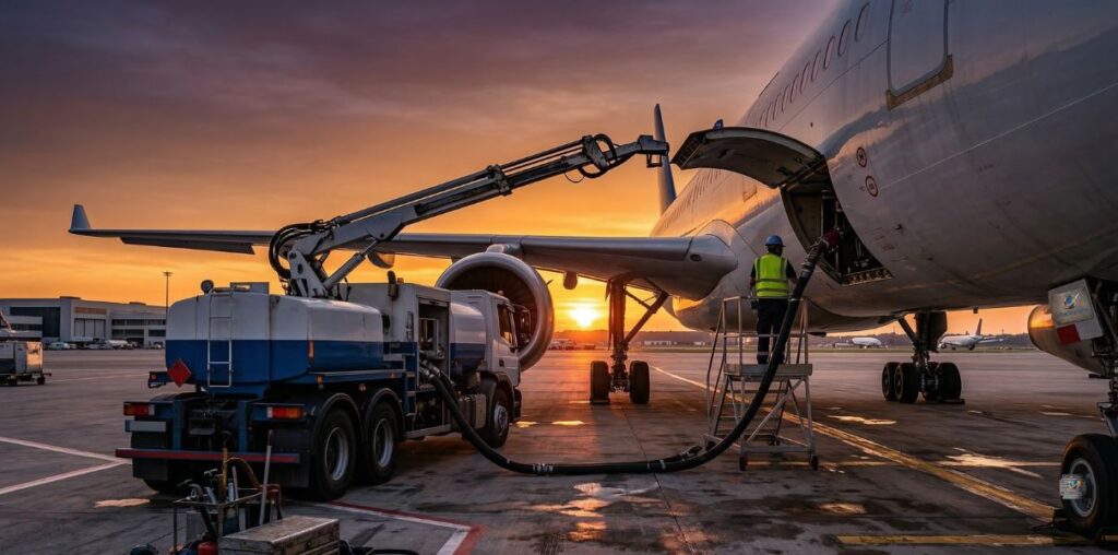 Image created by infostourisme.com - A plane being refueled with kerosene as fuel surcharges rise again in air transport.