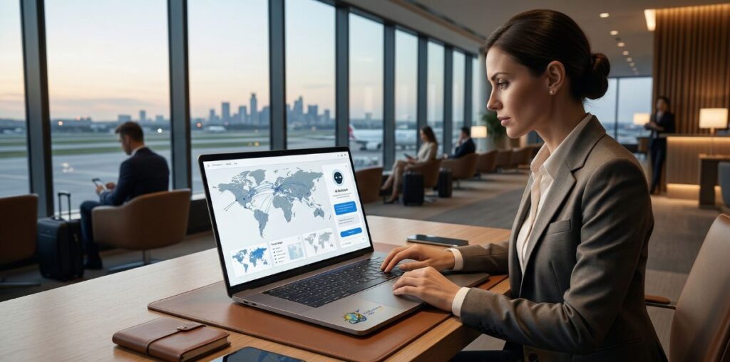 Image created by infostourisme.com - Illustrative image representing the transformation of business travel through technology and AI at Amplitudes.