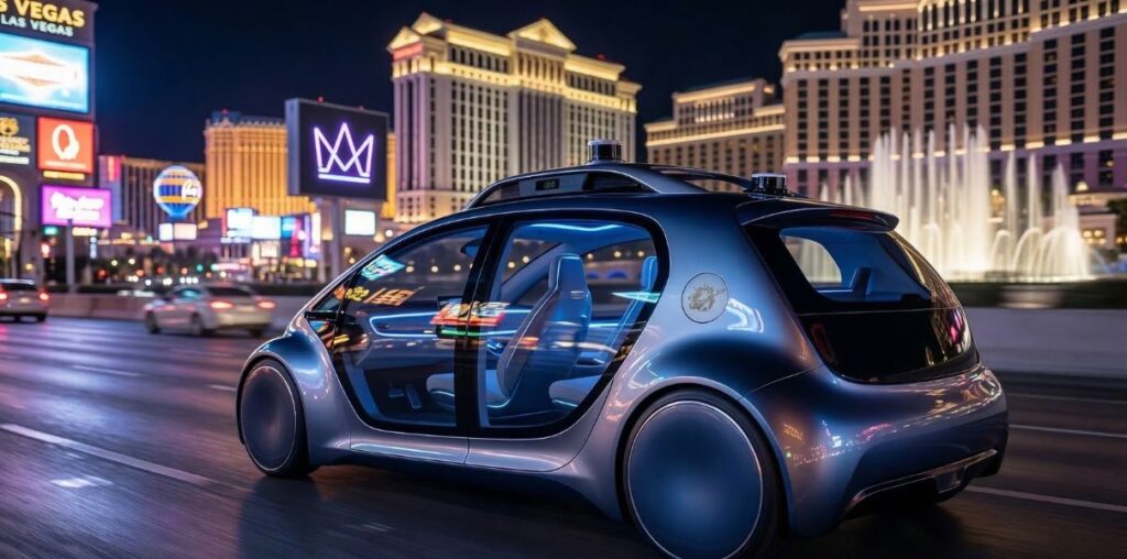 Image created by infostourisme.com - Illustrative image showing an autonomous taxi driving on the Las Vegas Strip in a futuristic urban environment.