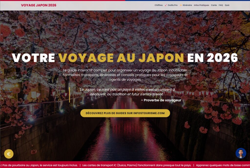 <p><strong>Start planning your trip to Japan now 🇯🇵</strong></p><p> Access the complete interactive guide to organize an unforgettable stay: formalities, transport, itineraries and expert advice.</p><p> <a href="https://infostourisme.com/page_pratique/japon">👉 Access the Japan guide</a></p>