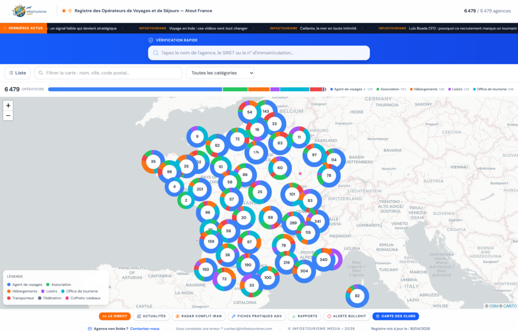 <p><strong>Quickly verify the compliance of a tourism professional 🔎</strong> – Consult the official register of travel and holiday operators of Atout France and secure your partnerships. <a href="https://registre-operateurs.infostourisme.com/">👉 Access the official register</a></p>